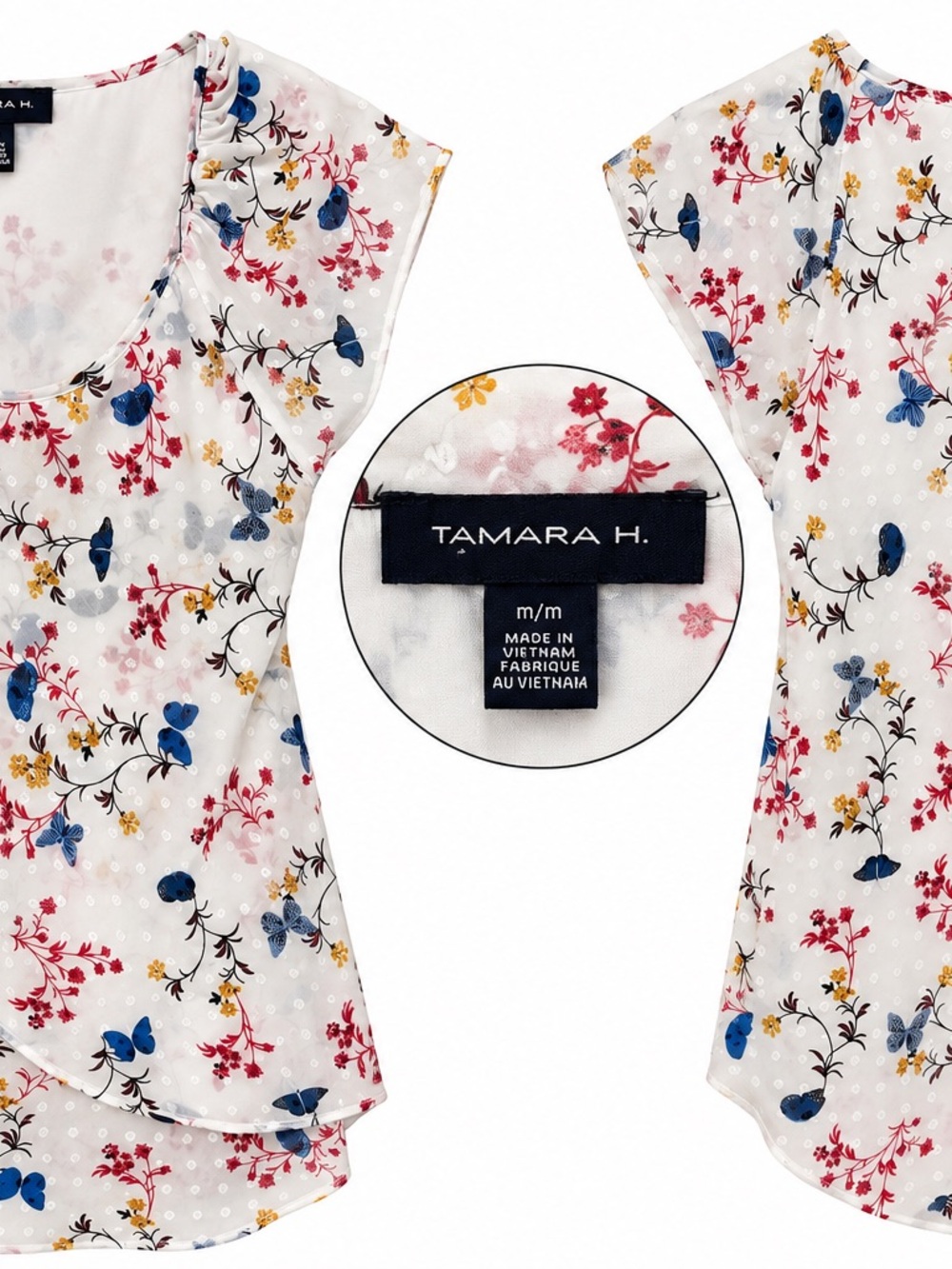 Tamara H White Floral Butterfly Swiss Dot Blouse Size M